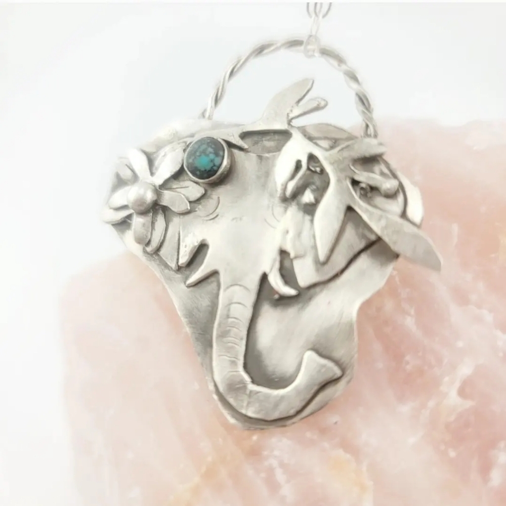 TURQUOISE BOHEMIAN ELEPHANT PENDANT HANDMADE IN STERLING SILVER METAL
